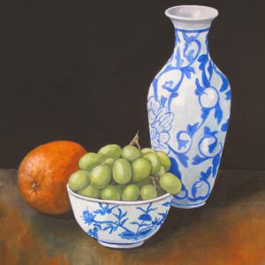 Blue and White Pots with Orange and Grapes