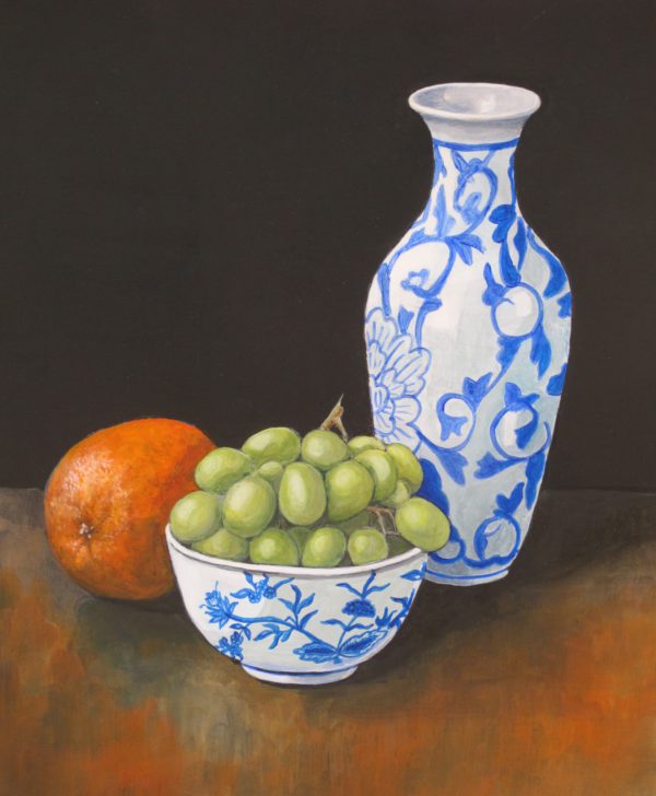 Blue and White Pots with Orange and Grapes