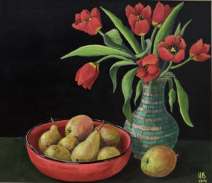 Red Tulips with Red Bowl
