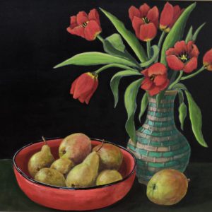 Red Tulips with Red Bowl