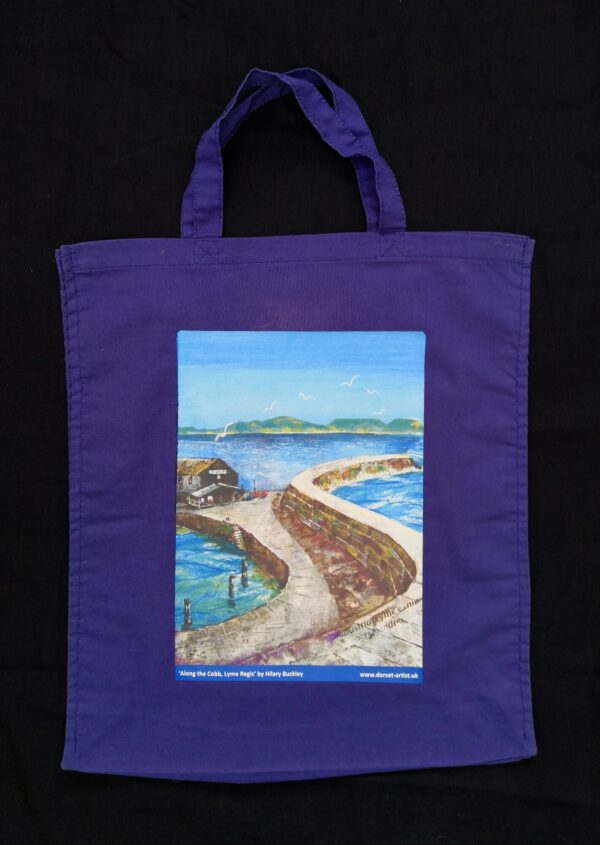 Navy blue bag with Along the Cobb, Lyme Regis